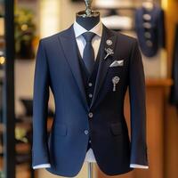 A dark blue men's suit with silver cufflinks and accessories standing on a mannequin photo