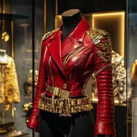 Modern scene with red leather jacket and gold accessories on mannequin photo