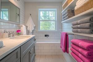 Bathroom with white walls where pink and grey towels photo