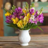 elegant bouquet of purple and yellow flowers with bright accents on wooden table photo