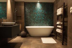 Bathroom wall covered with brown tiles with turquoise mosaic accents photo