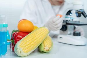 Scientist check chemical food residues in laboratory. Control experts inspect quality of vegetables vegetables. lab, hazards, find prohibited substances, contaminate, Microscope photo