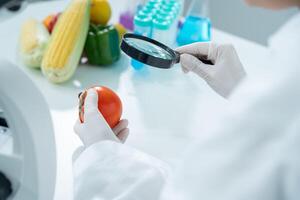 check chemical food residues in laboratory. Control experts inspect quality of fruits, vegetables. lab, hazards, ROHs, find prohibited substances, contaminate, Microscope. photo