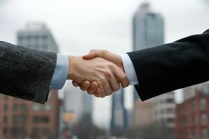 professional handshake between two business people formal attire, with blurred modern cityscape background, conveys trust and photo