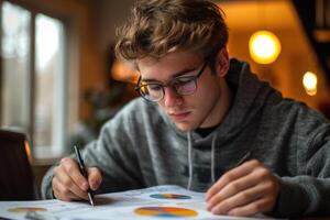 Focused individual studying financial planning documents with pie charts and metrics photo
