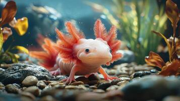 Axolotl pet in aquarium with vibrant colors and unique pose, showcasing its features photo