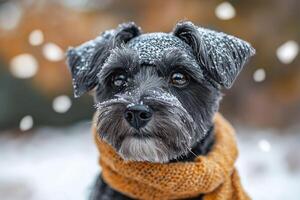 dog in stylish knitted snood with snowflakes in winter scene photo