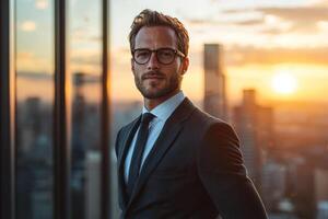 professional man in formal suit stands confidently by large office window, overlooking vibrant city skyline at sunset photo