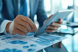 professional analyzing data on tablet while seated at glass desk in corporate office environment photo