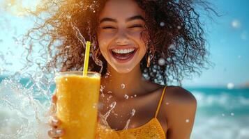 Dynamic pose with smoothie in hand, vibrant energy, clean white background, centered frame, joyful expression, summer vibes photo