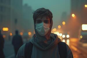 person in protective face mask with neutral expression, casual attire, and hazy urban background creates contemplative mood photo