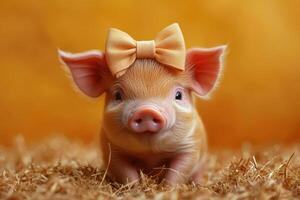 Adorable piglet influencer with stylish bow in farm setting, exuding charm and trendiness photo