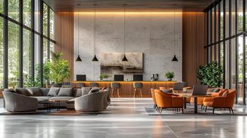 modern business lounge featuring comfortable seating, large windows, and stylish bar area. Professionals engage in networking photo