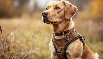 Stylish dog in harness sitting in grassy field, looking thoughtful photo