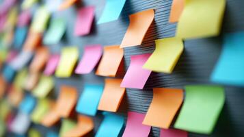 Colorful sticky notes on textured surface create vibrant workspace atmosphere photo