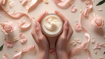 Cream jar held by hands surrounded by ribbons and petals on beige surface photo