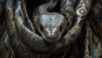 Elegant snake idol with patterned blanket in dark setting, showcasing its intricate details and captivating pose photo