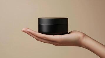 A hand holding sleek black cosmetic jar against softly blurred beige background, creating elegant mockup presentation photo