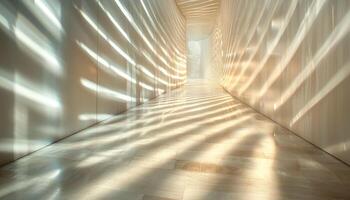 serene hallway illuminated by light and shadow patterns creates calming atmosphere photo
