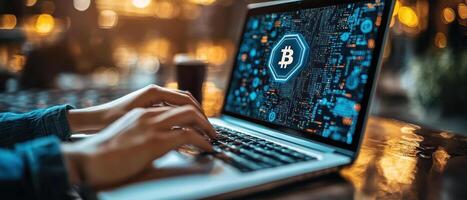 Hands typing on laptop with blockchain graphics and cryptocurrency symbol on screen, showcasing digital finance photo