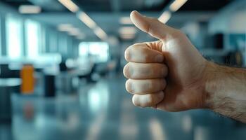 Hand giving thumbs up gesture in modern office setting, conveying positivity and approval photo