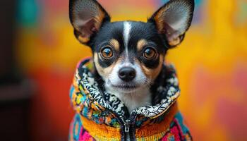 Small dog wearing colorful patterned coat standing confidently with bright background photo