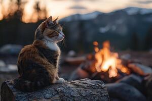 Calico cat perched on log, campfire glows behind at dusk, creating serene atmosphere photo