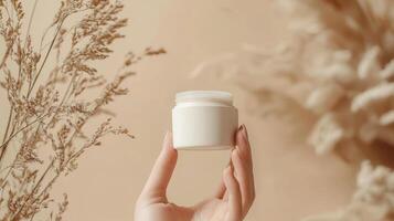hand holding cream jar against textured beige background, surrounded by dried plants, creates natural and serene atmosphere photo
