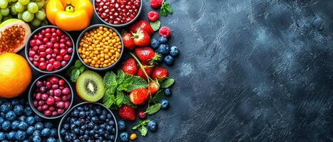 Fresh fruits and berries arranged in bowls, showcasing vibrant colors and textures photo