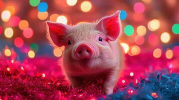 Miniature pig with sassy attitude in colorful lights, showcasing quirky glamour and charm photo