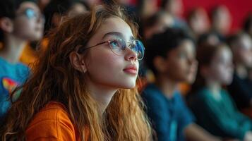 diverse group of students engaged in deep thought during global awareness event, showcasing vibrant colors and natural light photo