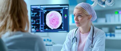Doctor discussing cancer prevention with patient in modern medical office, showing caring expression and focus on health photo