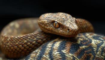 Snake idol with patterned blanket, elegant pose, dark setting, showcasing intricate scales and textures photo