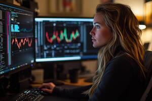 woman analyzing data on dual monitors with graphs and spreadsheets, focused and engaged in her work photo