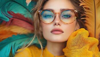 Stylish portrait of woman with colorful feathers and vibrant glasses photo