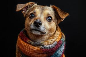 Charming dog in colorful scarf with playful expression and bright eyes photo