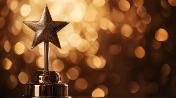 Shiny star trophy on blurred golden background, symbolizing achievement and recognition photo