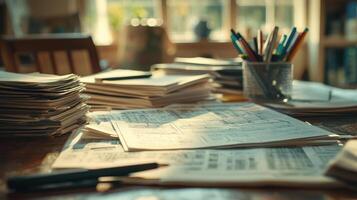 Scattered financial papers and highlighting markers in planning workspace create productive atmosphere photo