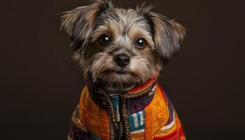 Small dog wearing colorful patterned coat, standing confidently and looking adorable photo