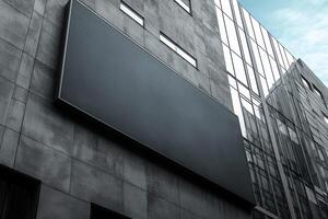 Modern architecture features large advertising banner space on sleek building facade, showcasing creative design elements photo