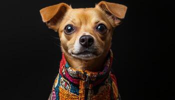 Small dog wearing colorful patterned coat standing confidently against dark background photo