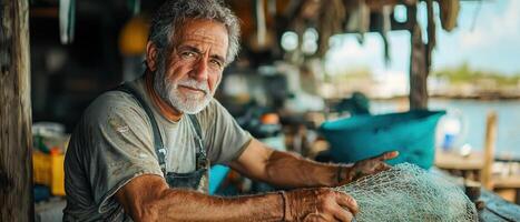 Mature fisherman mending fishing nets on dock, showcasing weathered hands and focused expression photo