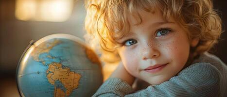 child looking at globe with thoughtful expression, reflecting on education awareness day in soft focus and bright background photo
