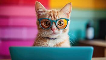 Cat influencer using laptop with quirky glasses in colorful background, showcasing playful and engaging vibe photo