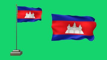 3D animation of two Cambodia flags on a green background. One flag sways on a pole with realistic motion, while the other floats freely in the air video
