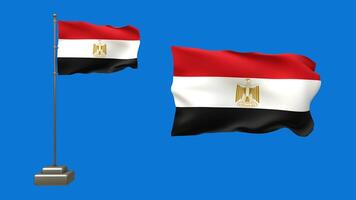 3D animation featuring two Egypt flags on a blue background. One flag flutters on a waving pole, while the other remains still, gently waving without support video