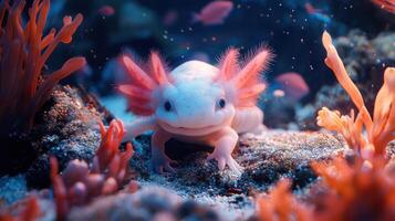 Axolotl pet in aquarium with vibrant coral, showcasing unique pose and interaction photo