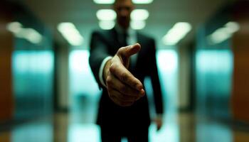 strong handshake in corporate setting with blurred office background conveys professionalism and trust photo