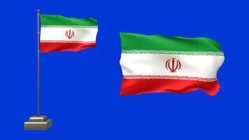 3D animation featuring two Iranian flags on a blue background. One flag flutters on a waving pole with lifelike motion, while the other waves gently without support video