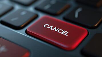 close up shot of laptop keyboard featuring red CANCEL button, showcasing high resolution and detail photo